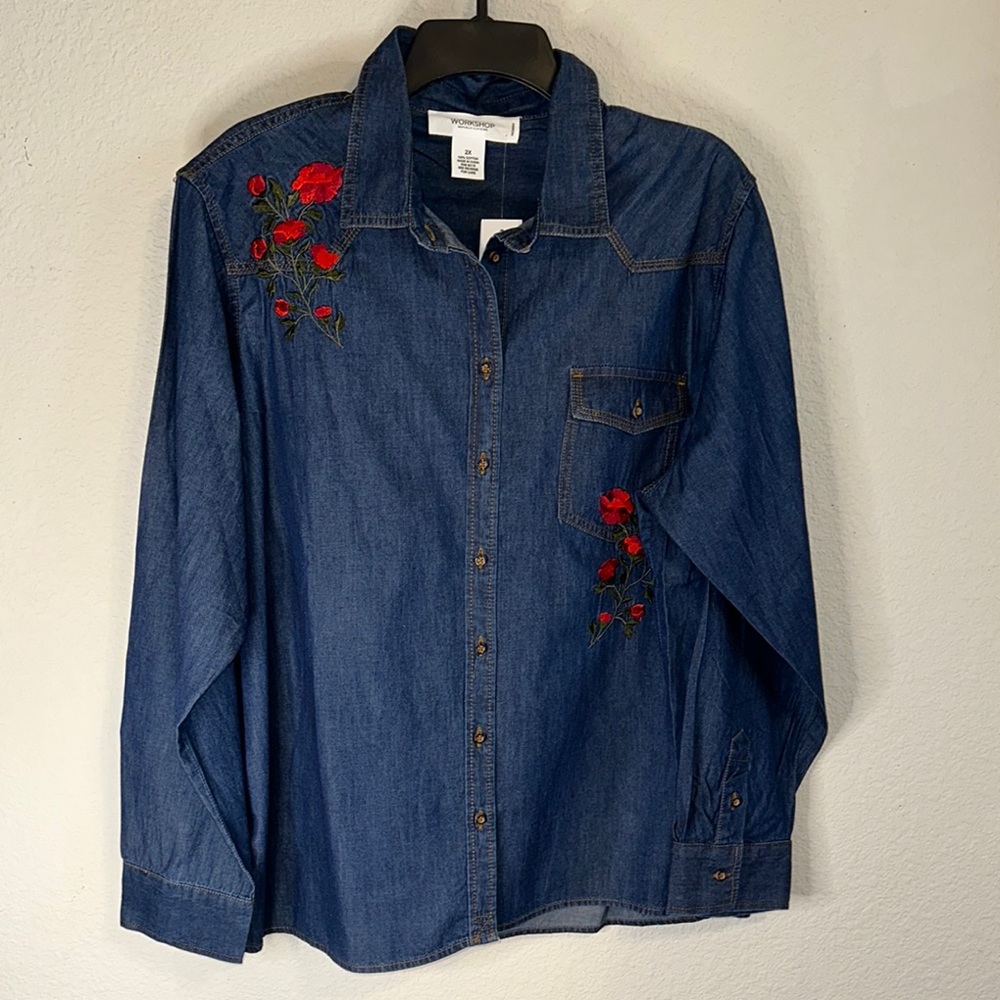 Workshop Republic Clothing Blue Button Down Shirt with Red Floral Embroidery‎